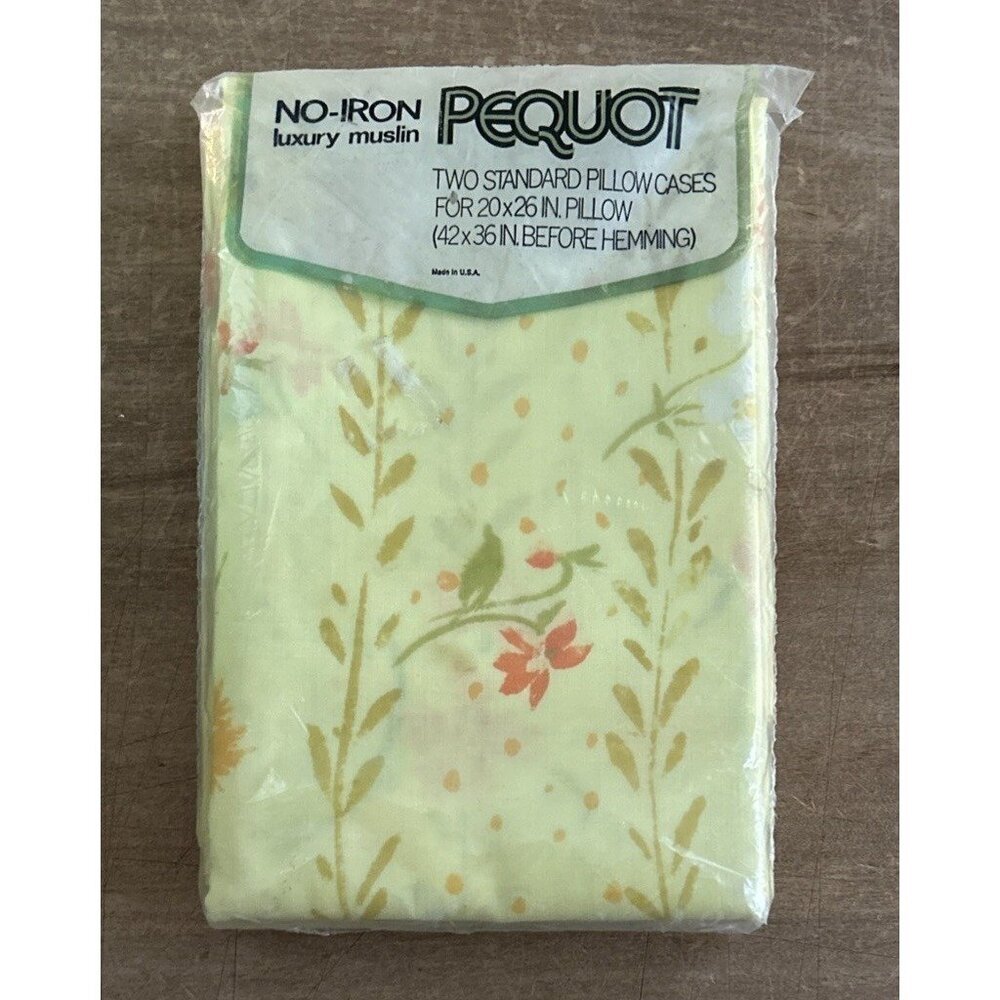 Pequot Vintage Standard Pillow Cases 2-Pack Yellow Floral Luxury Muslin NOS